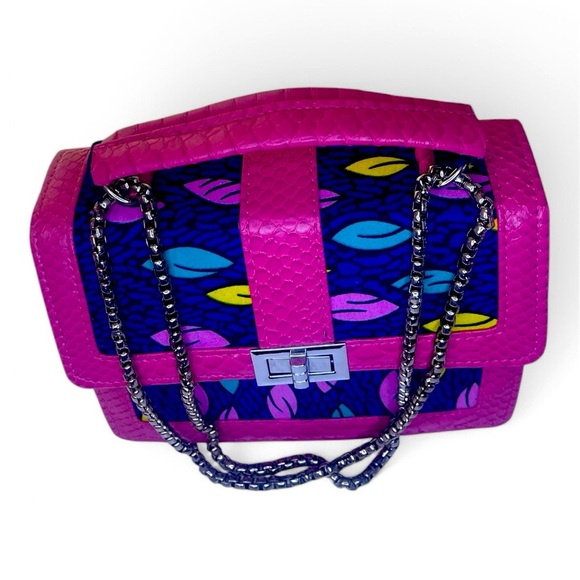 Pink & Blue African Print Handbag – Chic Structured Chain Purse - Picture 4 of 4